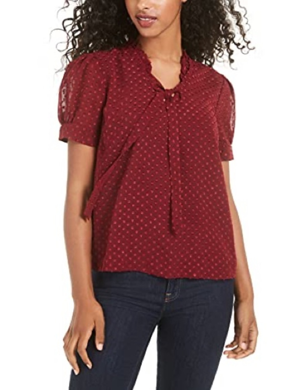 Maison Jules Burgundy Red Clipdot Puff Sleeve Blouse Size M